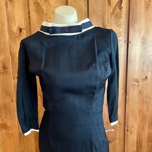 50s Sexiest Sexy Secretary Blue Silk & Pique Bombshell Pencil Hourglass Dress S